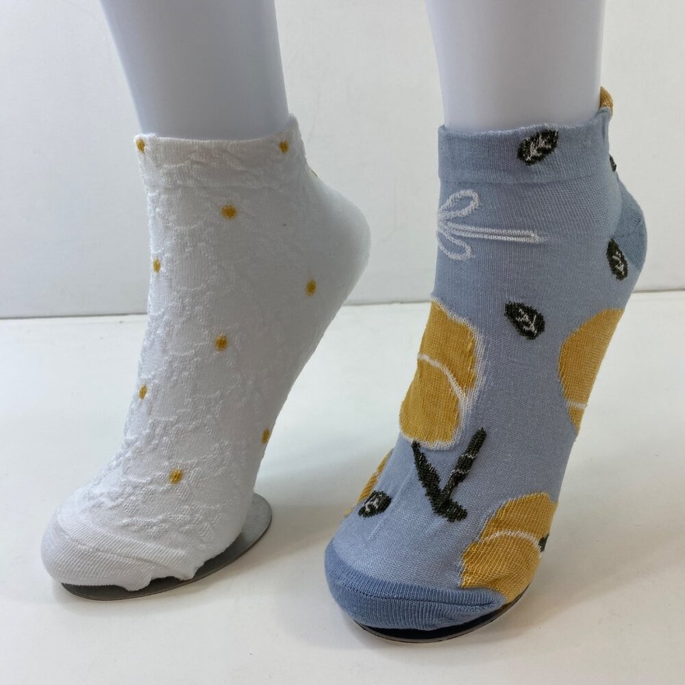 Womens Floral Ankle Socks 2-Pack Flower Polka Dot Blue White Yellow